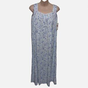 NEW Eileen West Women's Blue Base Pink Floral Cotton Lace Trim Nightgown XXS
